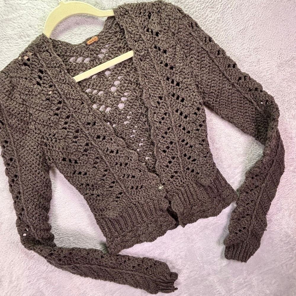 Free People Womens Cardigan XS Brown Crochet Open Knit Pointelle Boho Sweater